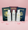 Haetsia Travel Size Kit – TSA Approved mini shampoo and conditioner bottles with international passports on pink background, perfect for global travelers